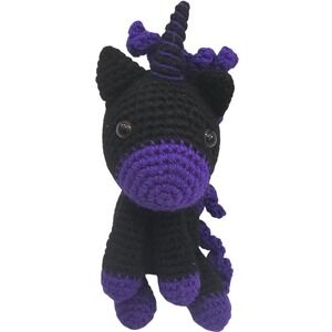 Handmade Crochet Unicorn Plushie Amigurumi Black and Purple Goth Stuffed Animal
